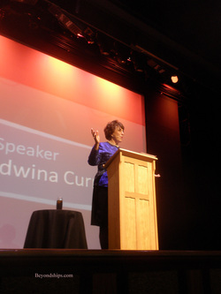 Edwina Currie speaking on cruise ship Ventura