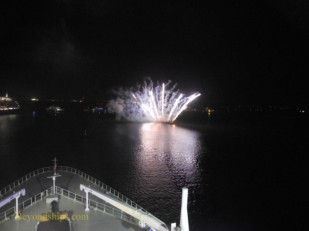 fireworks seen from the bow of Queen Mary 2